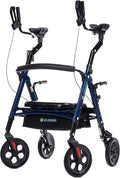ELENKER All Terrain Heavy Duty Upright Walker with Extra Wide Seat, Foldable Aluminum Bariatric Stand Up Rolling Walker, 10” Wheels, Fully Adjustment Frame, Support up to 500 lbs for Seniors, Blue