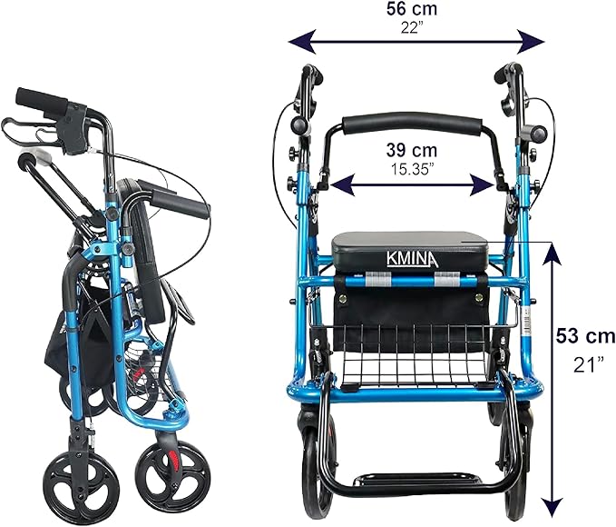 KMINA 2 in 1 Rollator Walker Wheelchair Combo for Smooth Terrain, Foldable Aluminum Rollator with Footrests and Pressure Brakes, Convertible to a Transport Chair, Blue
