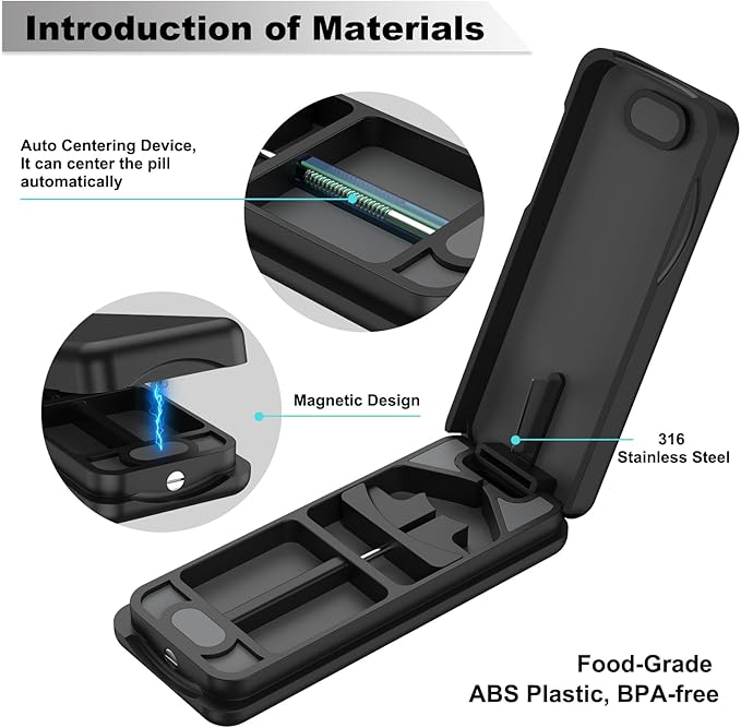 JEINAPA Pill Cutter with Auto Centering Device, Plastic Pill Splitter with 316L Stainless Blade, Genuine Leather Case, Professional Pill Splitter for Cutting, Black