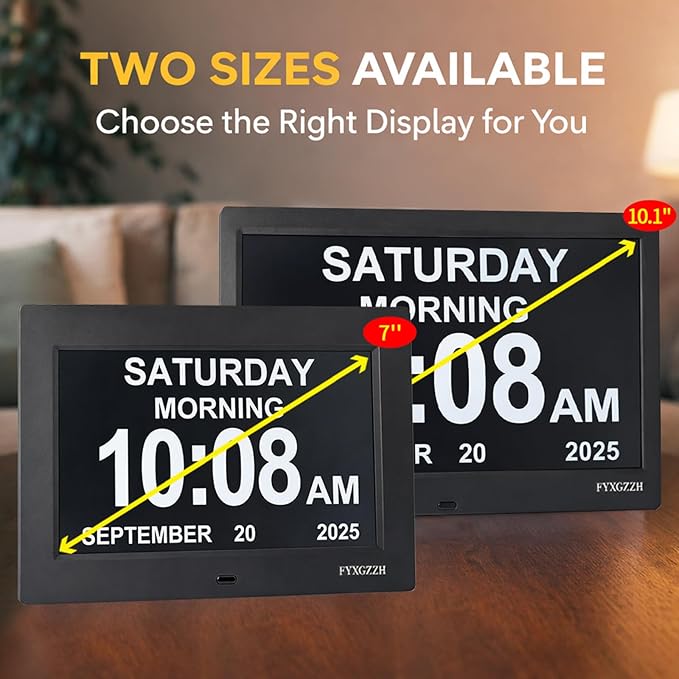 Large Display Digital Dementia Clocks for Seniors, 7'' Day Date Time Calendar Clock for Elderly, Simple Setup, 19 Alarm Reminders, Adjustable Brightness, DST