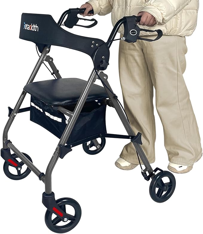 Rollator Walkers for Seniors with Seat, Foldable & One-Hand Carry, Upgraded Rolling Walker with Seat for Seniors, Handles Height Adjustable Rolling Walker for Seniors, Walking & Seated Rest, Grey