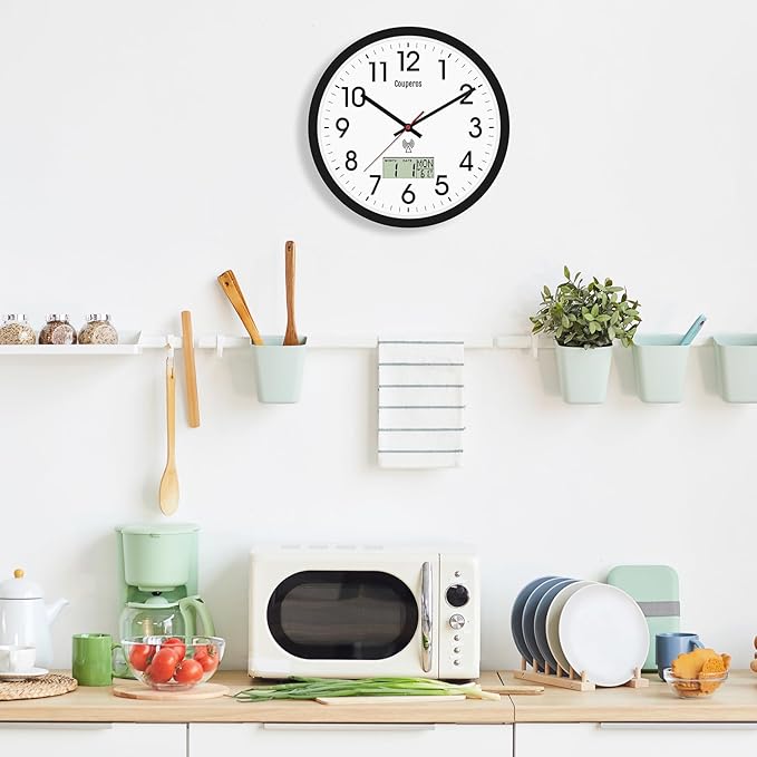 Atomic Wall Clock 12 Inch - Auto DST Modern Analog Battery Operated Silent Wall Clock with Temperature & Digital Calendar for Office Bedroom Kitchen, Round Non-Ticking Classroom & Garage Clock (Black)