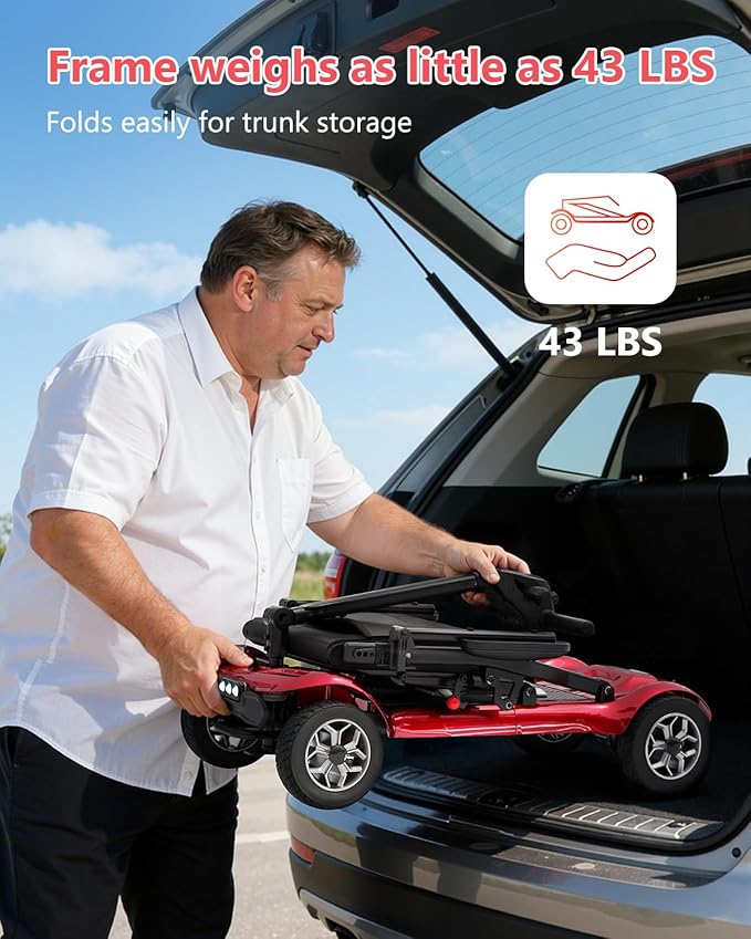 Powered Mobility Scooter for Adults, Seniors - 23MI Extra Long Range Foldable 4 Wheel Electric Motorized Scooter for Travels with Airport Approved Dual Batteries, All Terrain Motorized Scooter (Red)