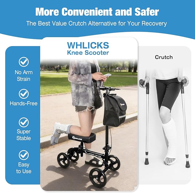 WHLICKS Premium Knee Scooter for Adults for Foot Surgery, Foldable & Steerable Knee Walker with Dual Brakes, Medical Knee Scooter for Broken Foot Injured, Lightweight Leg Scooter for Broken Ankle