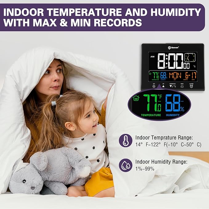 Geevon Digital Atomic Alarm Clocks for Bedrooms with 2 USB Ports, Color VA Display Atomic Clock with Indoor Temperature and Humidity, DST, Calendar, and Moon Phases for Seniors Elderly