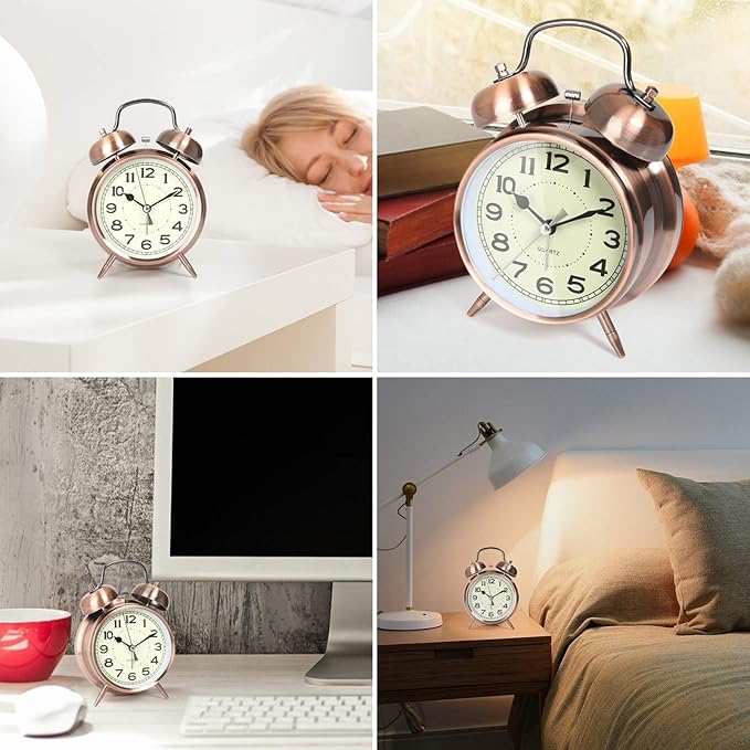 AYRELY® Super Loud Alarm Clock for Heavy Sleepers Adults,Twin Bell Retro 4 Inch Silent Non-Ticking Quartz with Backlight, Alarm Clocks for Bedrooms,Bedside,Study Room (Copper)