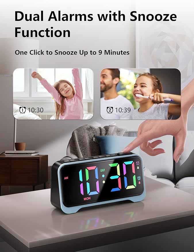 Digital Alarm Clock with RGB Display for Kids & Teens, Dual Alarms, Adjustable Volume, Night Light, USB Charging, Snooze, Battery Backup, for Bedroom, Nursery, Dorm, School