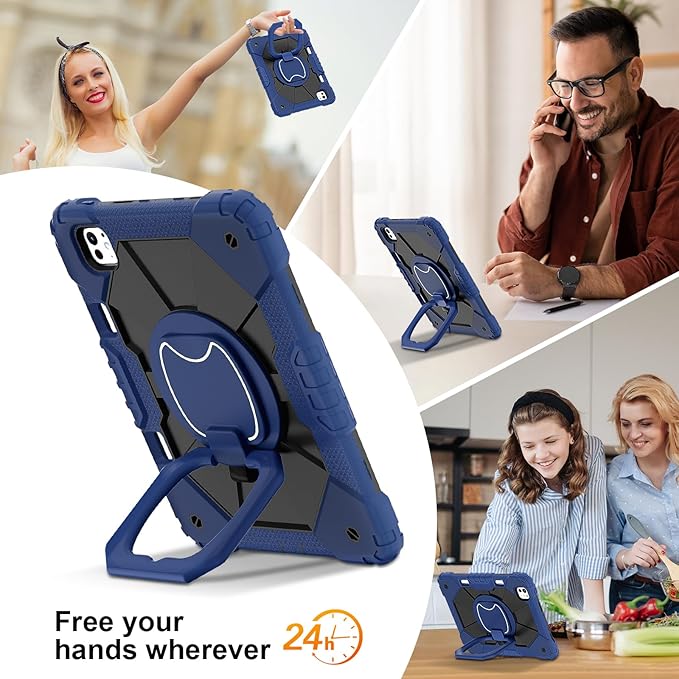 Dteck for iPad Pro 11 inch (M4/M5) 2024/2025 Release Shockproof Case with Shoulder Strap/Pencil Holder/Rotating Kickstand Handle, Heavy-Duty Sturdy Rugged Cover, Protective Tablet Shell, Blue Black