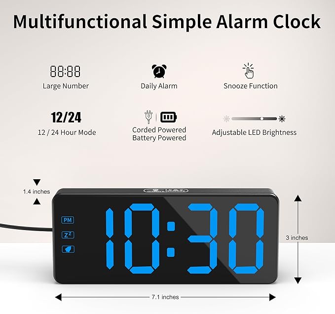 KWANWA Digital Alarm Clock with 3-Level Dimmer & Battery Backup | 2.4" Jumbo LED Display, Auto Night Mode, 7-Min Snooze, Dual Power (UL Adapter + 59in Cord) | Compact for Bedroom, Travel, Office