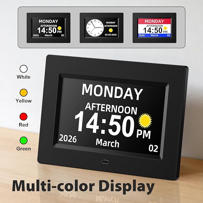 7 inch Digital Calendar Day Clock for Seniors & Elderly, Extra Large Display with Non-Abbreviated Day Date & Month, Dementia Alarm Clock for Memory Loss, Auto-Dimming, Black