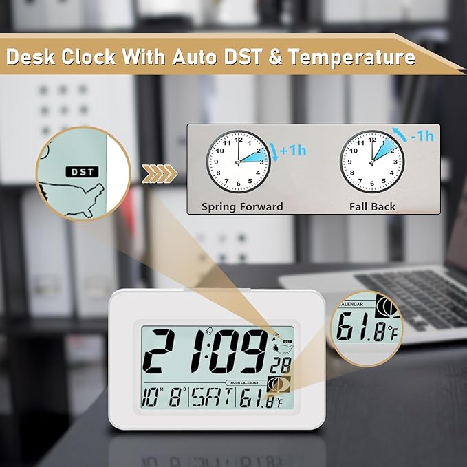 Handy Atomic Alarm Clock - 6'' Battery Operated Digital Clock with Seconds, Self-Setting, Auto Sync, DST, Selectable Time Zones,Portable Travel Desk Clock with 5s Touch Backlight for Bedroom（White)