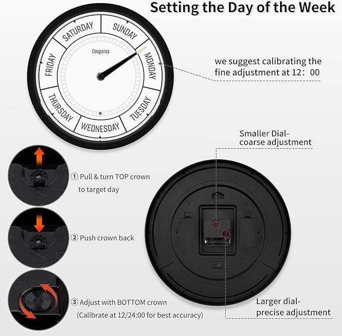 Day of The Week Wall Clock with Night Light - 12" Analog Silent Non-Ticking Clock with LED Night Light, Calendar Day Clock Perfect for Home, Office, and Retirement Gifts