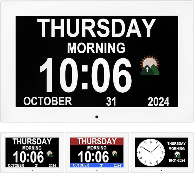 Digital Alarm Clock, Multiple Alarm Functions, Clock with Date and Day, Digital Alarm and Electronic Calendar for Seniors (White, 7 inch) (10-inch White)