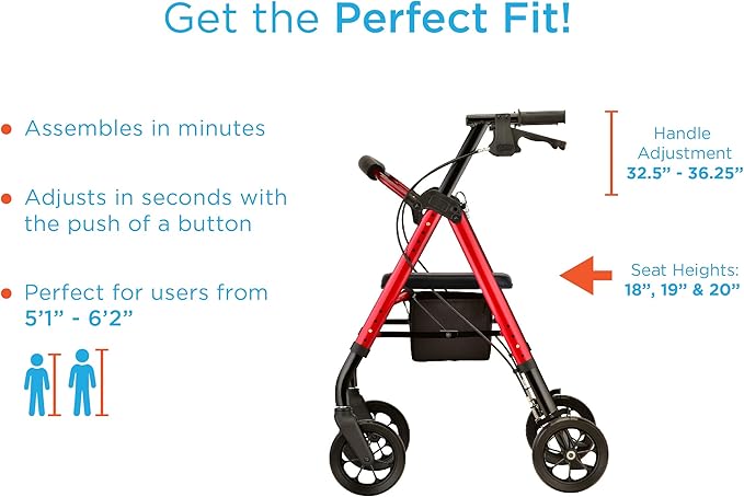 NOVA Star 8 Petite Heavy Duty Bariatric Rollator Walker, Large Padded Seat, 450 lb Capacity, 8” Rugged All-Terrain Wheels, Easy-Grip Locking Hand Brakes, Fold Lock, Height Adjustable, Blue
