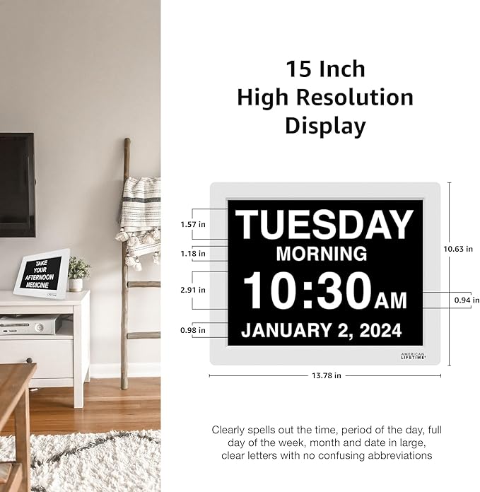 AmericanLifetime 2026 Dementia Clock 15-Inch Large Digital Calendar Custom Alarms for Seniors Black