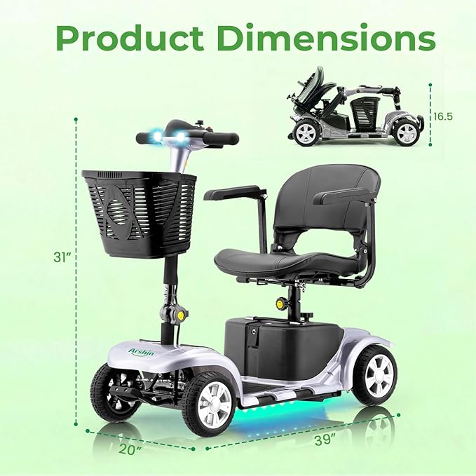Mobility Scooter for Adults, 4 Wheels Lightweight Scooter, Foldable Mobility Scooter Long Range for Travel, Adults, Elderly, Supports 300 lbs, Powered Wheelchair with Charger & Basket (Silver Silver)
