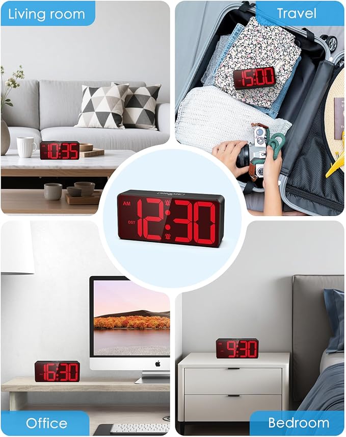 AMIR Battery Operated Digital Clock, Small Digital Clock, Cordless Alarm Clocks for Bedrooms - Large Numbers 4 Dimmers, 3 Volume, 12/24H, DST for Heavy Sleepers