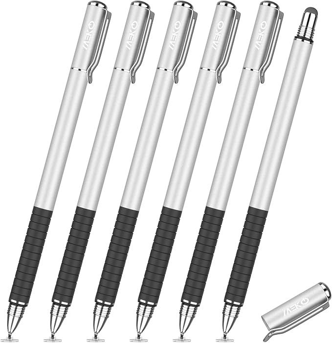 MEKO 6 Pcs Stylus Pen for Touchscreen, 2-in-1 High Sensitivity & Precision for Switch, iPad/iPhone/Samsung/Android Phones & Tablets, Skylight & More, All Touch Screen Devices (Silver)