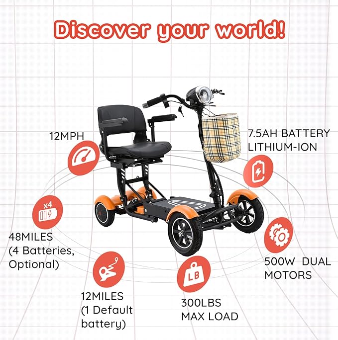 Dragon Mobile EX 4 Wheel Foldable Mobility Scooter for Adults, Elderly & Travel - All Terrain Aluminum Alloy Power Wheelchair with Premium Large Seat - Front Basket Included (Matte Orange)
