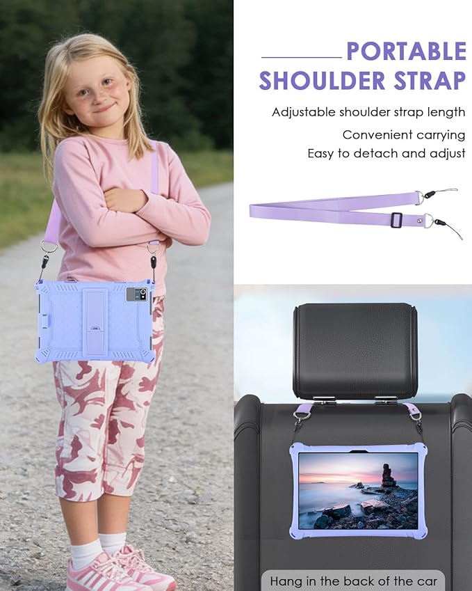 DETUOSI Silicone Case for Okaysea 10.1 inch Tablet with Stylus Pen & Shoulder Strap, Multi-Angle Stand Case, Soft Lightweight Protcetive Cover for QunyiCO 10.1, Moderness MB1001 10.1, Light Purple