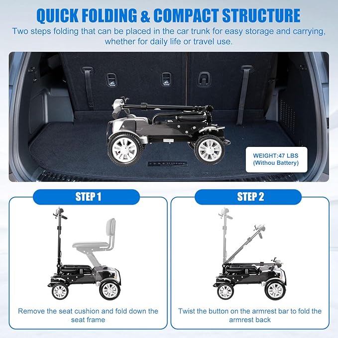 Lightweight Mobility Scooter for Adults and Seniors 47lb Foldable Electric Mobility Scooter,Compact Motorized Scooter Powered Mobility Scooter Airplane Travel Friendly(Adjustable Length&Height)