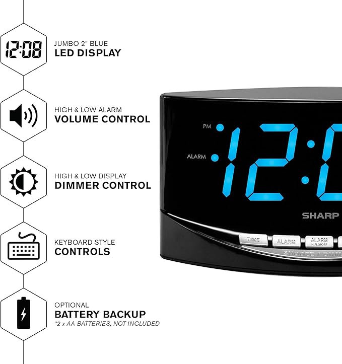 Sharp Easy to See Alarm Clock with Jumbo 2” Numbers - Bright Blue LED Display - Easy Set-up & Simple to Use –See from Across the Room! - High/Low Alarm Volume