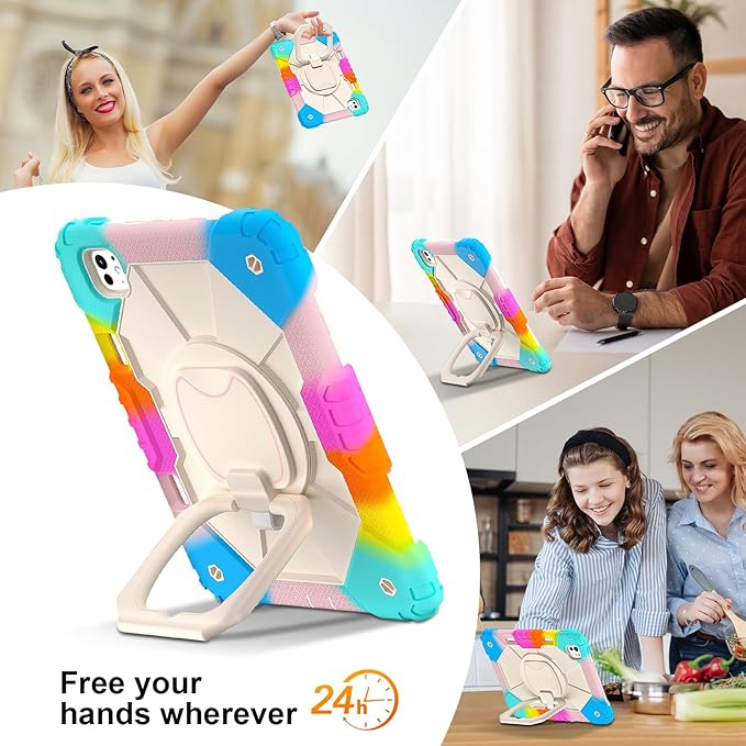 Dteck for iPad Pro 11 inch (M4/M5) 2024/2025 Release Shockproof Case with Shoulder Strap/Pencil Holder/Rotating Kickstand Handle, Heavy-Duty Sturdy Rugged Cover, Protective Tablet Shell, Colorful