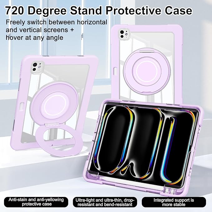 Dteck for iPad Pro 11 inch (M4/M5) 2024/2025 Release Shockproof Clear Case with Stylus Pencil Holder/Rotating Kickstand/Swivel Handle, Lightweight Protective Slim Transparent Tablet Cover, Purple