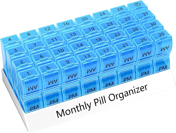 Monthly Pill Organizer AM/PM 30-Day Travel Medicine Case for Vitamins Blue