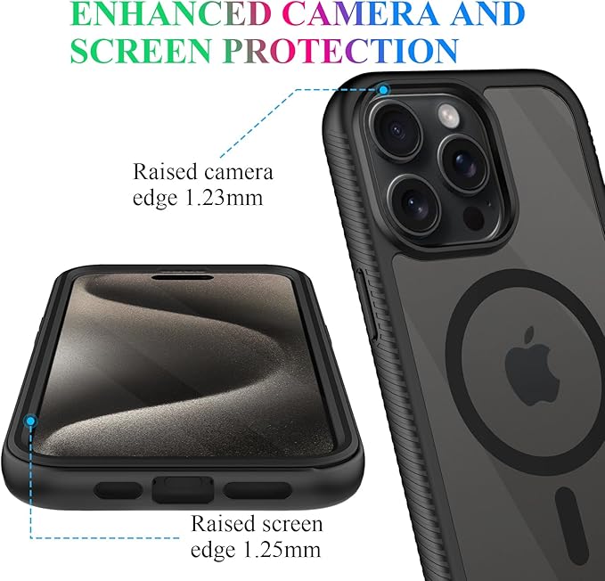 wahhle Compatible with iPhone 15 Pro Max Case, Magnetic Wireless Charging Built in Screen Protector Full Body Shockproof Slim Fit Bumper Protective Phone Cover 6.7'' Men Women-Black/Clear