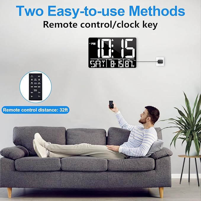 PERSUPER 13" Digital Wall Clock Large Display with Remote, 25 Ringtones, Temperature, Calendar, 0-100% Auto or Custom Brightness, 12/24H, DST, Timer, for Living Room, Kitchen, Bedroom, Office, Elderly