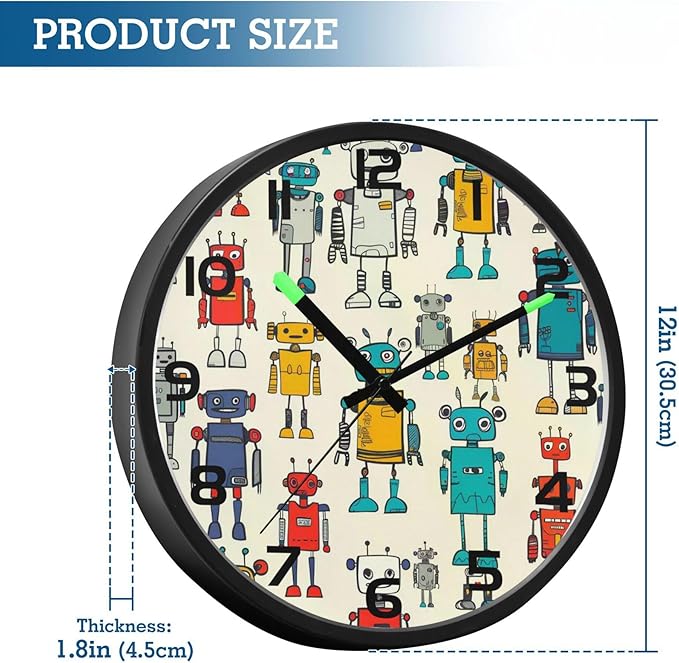 Cute Robots Cartoon Wall Clock with Night Light, Sound Control Clock, Non-Ticking, Battery Operated, Light Up Clocks for Bedroom