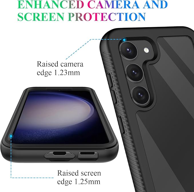 wahhle Compatible with Samsung Galaxy S23 Case, Built in Screen Protector Full Body Shockproof Slim Fit Bumper Protective Phone Cover for Galaxy S23 5G 6.1'' Men Women-Black/Clear
