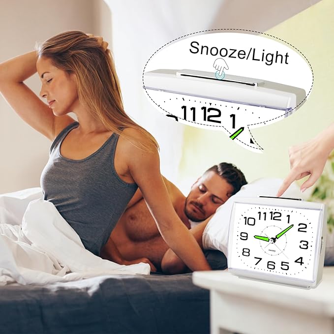 DTKID Large Alarm Clock for Bedside, Silent Non-Ticking Analog Clock with Night Light, Battery Powered, Gradually Increasing Alarm for Heavy Sleepers, Seniors