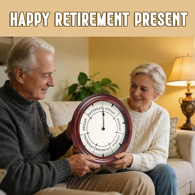 Day of The Week Clock Retirement Wall Clock with Wood Frame Day Wall Clock for Men Women (Dark Reddish Brown, 12 Inch)