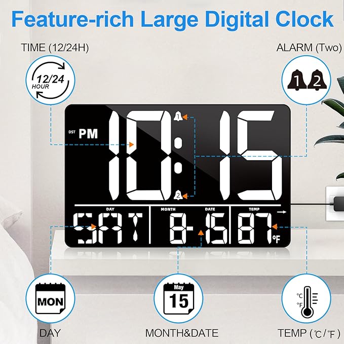 PERSUPER 13" Digital Wall Clock Large Display with Remote, 25 Ringtones, Temperature, Calendar, 0-100% Auto or Custom Brightness, 12/24H, DST, Timer, for Living Room, Kitchen, Bedroom, Office, Elderly
