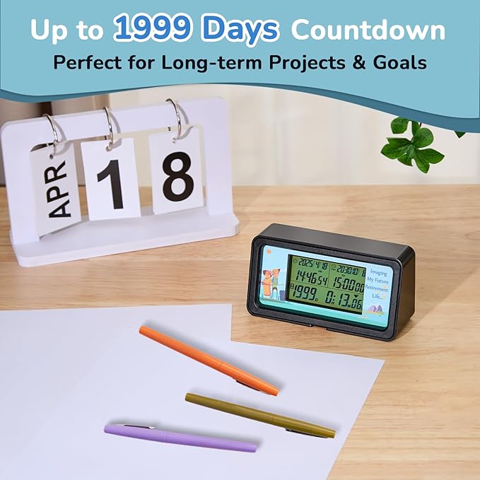 AIMILAR 1999 Days Countdown Timer - Digital Countdown Clock for Retirement & Events with Backlight, Alarm Functuon, Dual Time Display, Customizable Cards