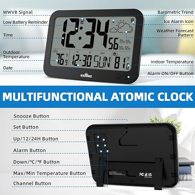 Atomic Clock,10" Digital Clock Large Display, Wall Clocks Battery Operated with Backlight, Wireless Outdoor Sensor, Alarm Clock Indoor Outdoor Temp, 4 Time Zones, Auto DST, Clock for Bedroom (Black)