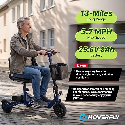 Hoverfly T3 Folding Powered Mobility Scooter for Seniors, Portable 3-Wheel E-Scooter with Seat, 13-Mile Range Safe LiFePO4 Battery, 264 lbs Load&Solid 8" Tires, Fits in Car Trunks for Daily Rides Blue