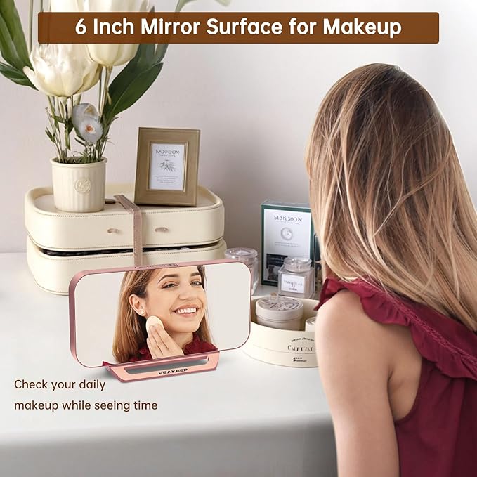 Peakeep Slim Digital Mirror Aesthetic Alarm Clock for Bedroom Living Decor, Plug in Electric Clock Big LED Modern Small Table Clock for Office Desk, Battery Backup, 6 Dimmers (Rose Gold)