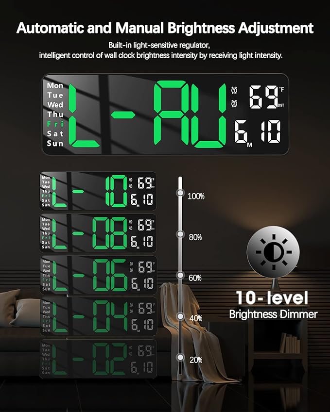 JoFomp Digital Wall Clock - 13" Large LED Display, Loud Alarm, Remote Control, DST, Auto-Dimming, Date and Day, Timer, Temperature - 12/24H Format - Ideal for Living Room, Bedroom, Kitchen