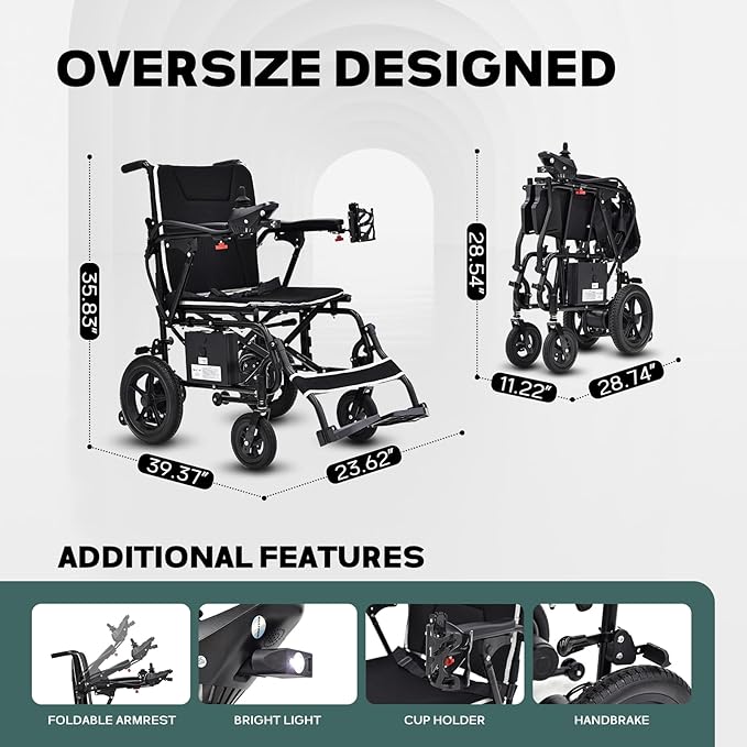 Lightweight Electric Wheelchair for Adults & Seniors, 36 lbs Foldable Power Wheelchair with 12-Mile Range, 264LBS Capacity, All-Terrain, LED Light, Cup Holder & USB Port