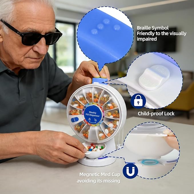 Standing Daily Pill Dispenser 14-Day Organizer - One-Touch Button with Child Lock,Weekly Pill Organizer Vitamin Medicine Case with Tweezer for Seniors, Caregivers, Adults