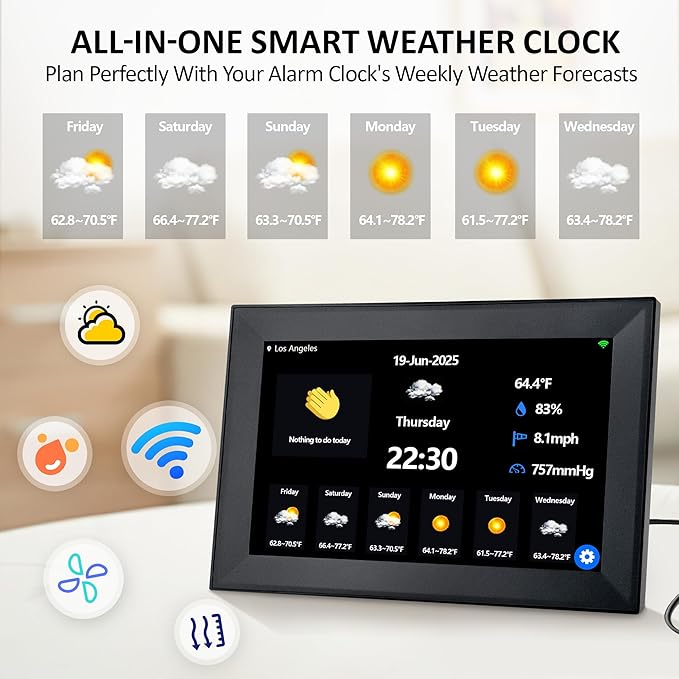 WiFi Smart Digital Clock with Weather and Temperature,with Date and Day of Week for Elderly,64 Alarms, Digital Calendar & Schedule Reminders (10.1" Black)