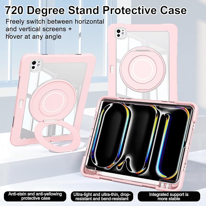 Dteck for iPad Pro 11 inch (M4/M5) 2024/2025 Release Shockproof Clear Case with Stylus Pencil Holder/Rotating Kickstand/Swivel Handle, Lightweight Protective Slim Transparent Tablet Cover Shell, Pink