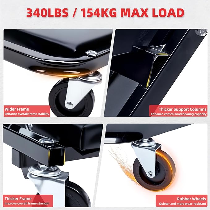Mechanic Creeper 36 inches 3-in-1 Mode Z Seat 340lbs Capacity, Foldable Garage Adjustable Rolling Folding with 6pcs Wheels Roller, Lay Down Sit Lean Back, Under Car Auto Repair, Black, Man Gift