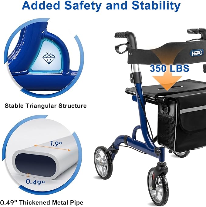 HEPO Rollator Walkers with Ergonomic Seat for Seniors,Foldable Rolling Walker with 8" All Terrain Wheels, Handles and Brakes for Seniors and Adult
