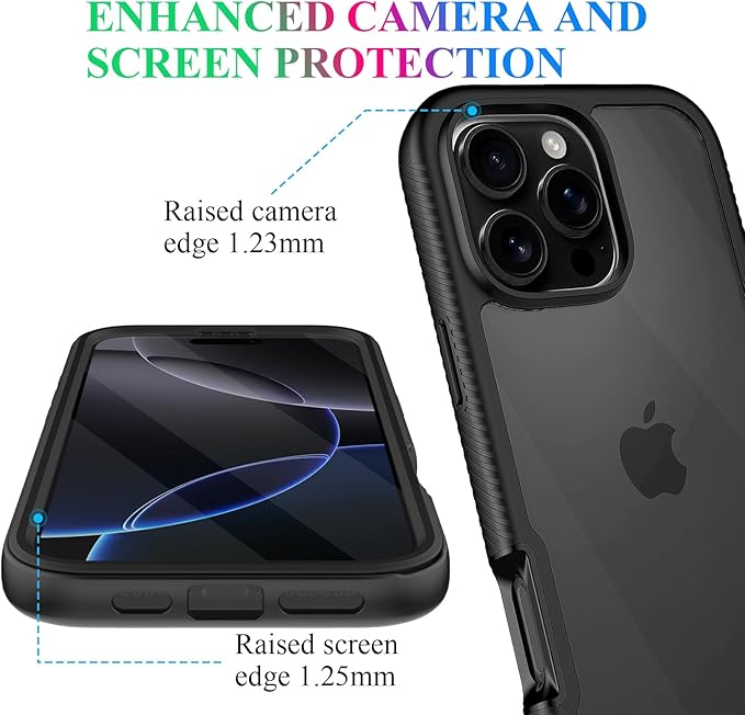 wahhle Compatible with iPhone 16 Pro Max Case, Built in Screen Protector Full Body Shockproof Slim Fit Bumper Protective Phone Cover 6.9'' Men Women-Black/Clear