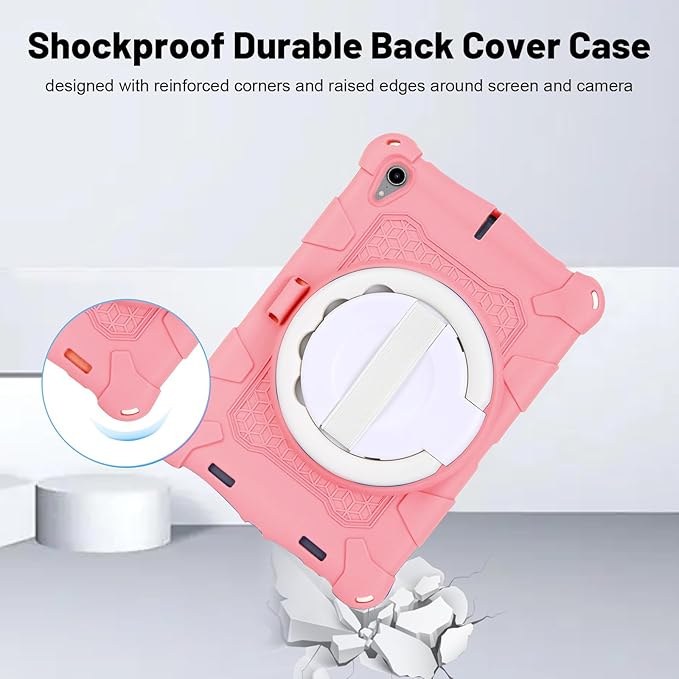Dteck for iPad mini A17 Pro/iPad mini 6th Generation Back Cover 8.3" 2024/2021 Release, Durable Lightweight Silicone Case with Rotate Kickstand/Handle, Shoulder Strap/Screen Protector Included, Pink