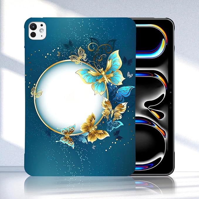 Dteck for iPad Pro 11 Inch (M4/M5) Ultra Thin Case 2024/2025 Release, Cute Cartoon Lightweight Soft Silicone TPU Slim Tablet Cover, Protective Shockproof Scratch Resistant Shell, Gold Blue Butterfly